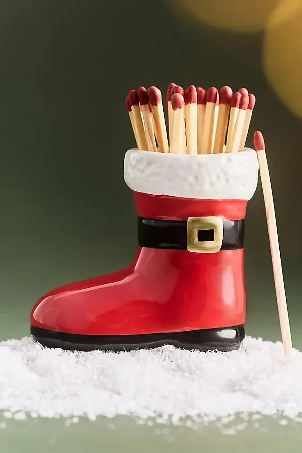 Santa Boot Matches Holder - Red, Ceramic by Anthropologie