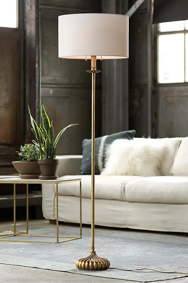 Clove Stem Metal Floor Lamp - Gold, Linen by Anthropologie