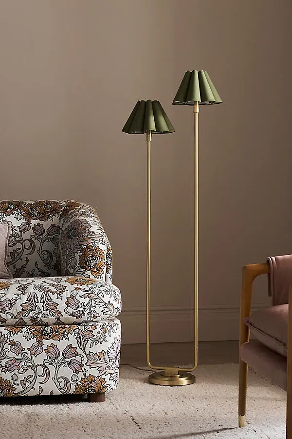 Polly Scalloped Shaded Metal Floor Lamp - Green, Linen product