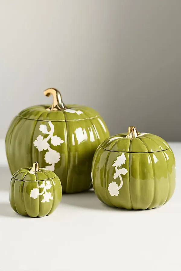 Floral Ceramic Pumpkin Vessel Small - Green by Anthropologie