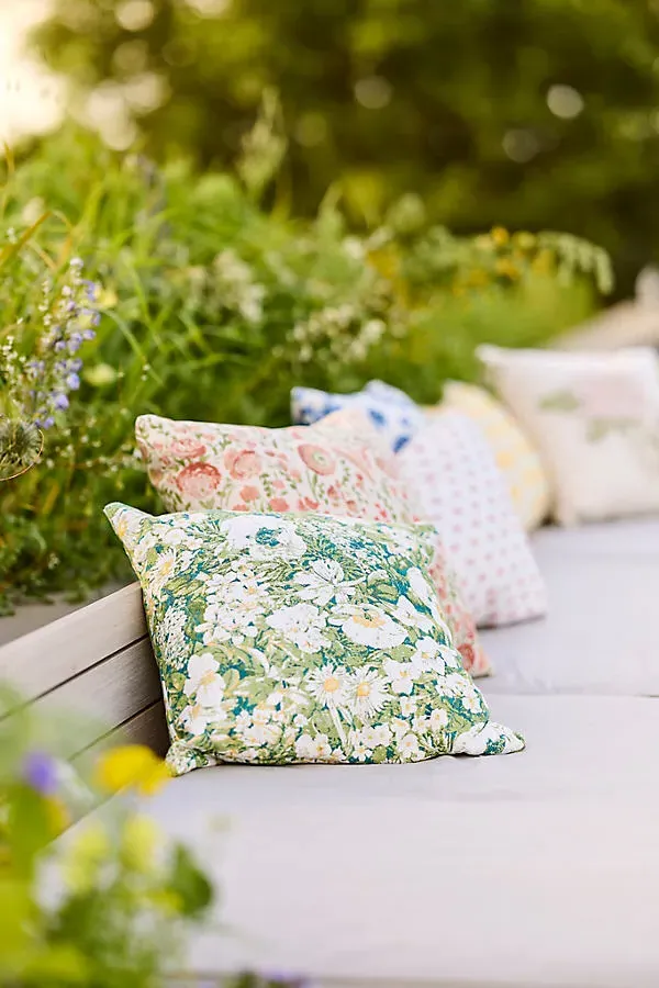 Peony Field Square Outdoor Pillow - Green, Acrylic by Anthropologie