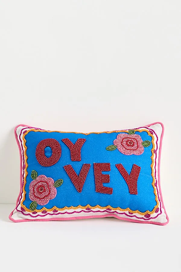 Embroidered Cotton Pillow with Beadwork and Cord Piping - Blue by Anthropologie