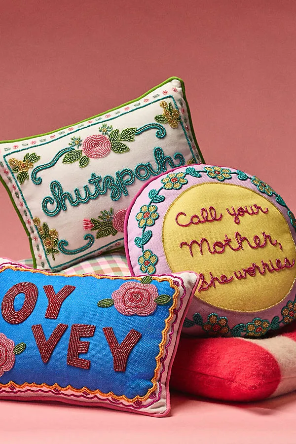 Embroidered Cotton Pillow with Beadwork and Cord Piping - Green by Anthropologie