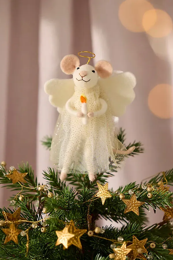 Angel Mouse Felt Critter Tree Topper - White, Wool by Anthropologie
