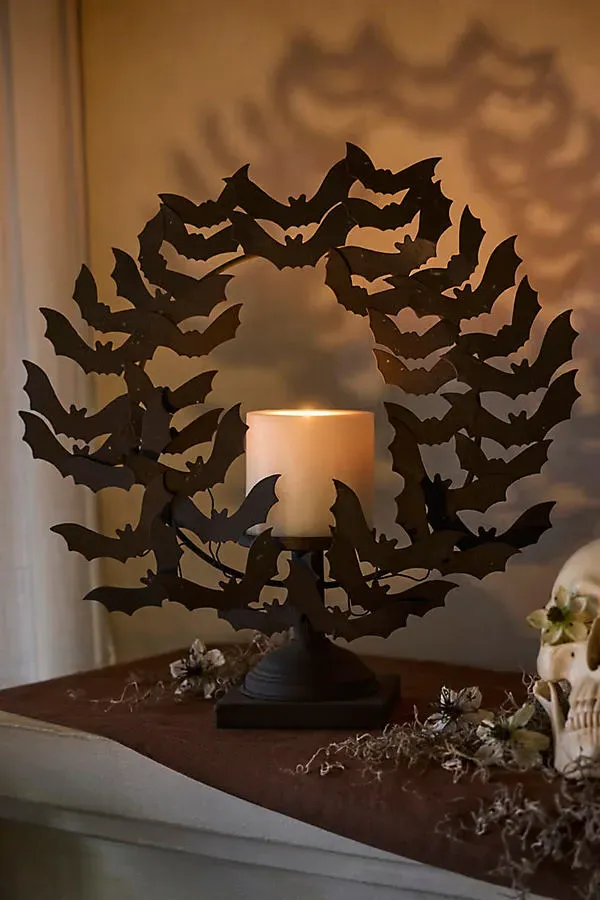 Bat Swarm Pillar Candle Holder - Iron, Glass product