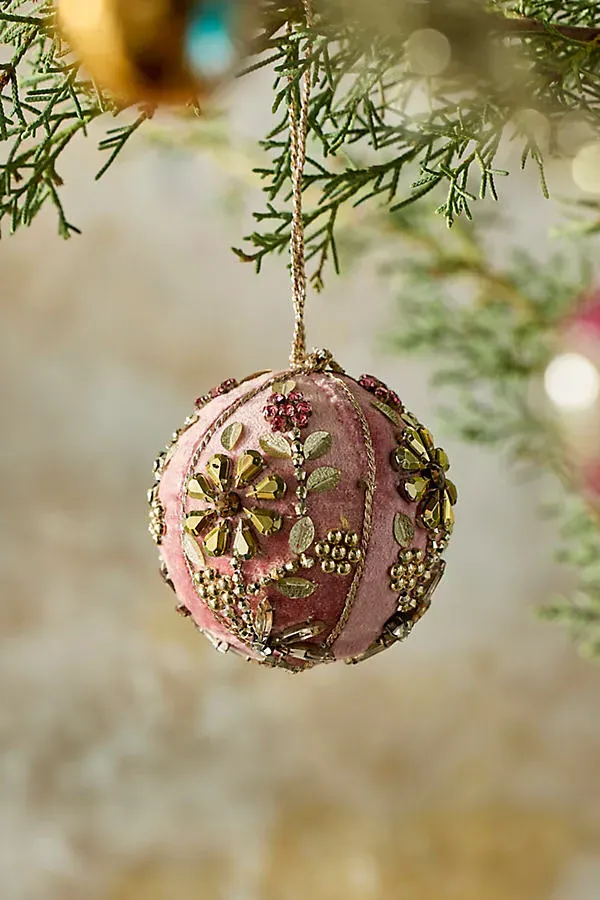 Beaded Floral Velvet Globe Ornament - Pink by Anthropologie