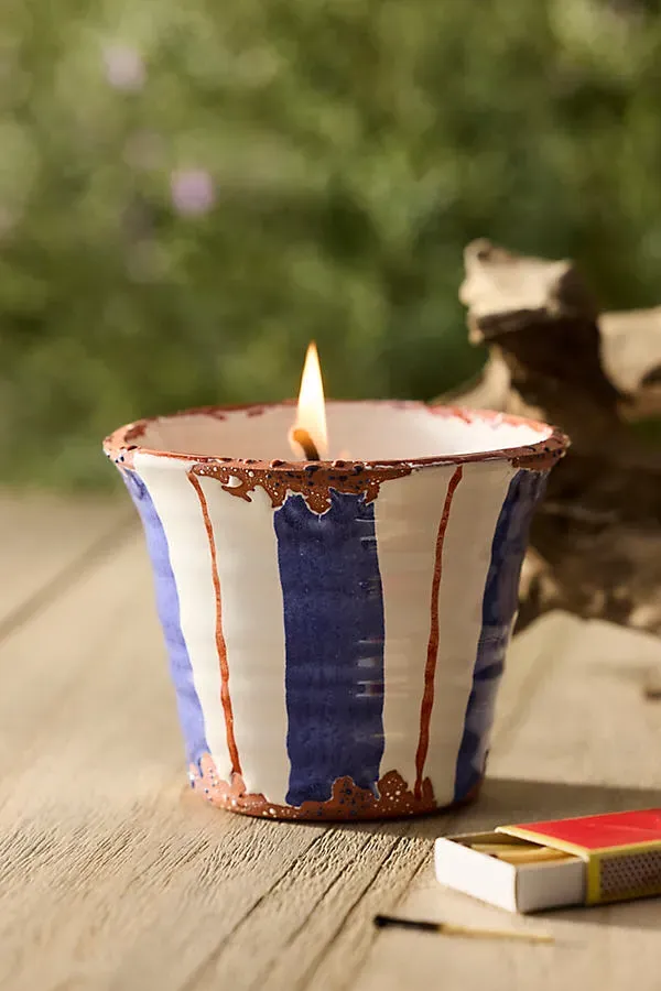 Blue Stripe Citronella Candle - Ceramic, Soy Wax by Anthropologie