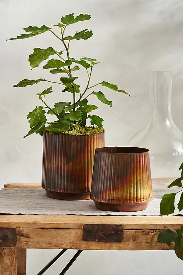 Burnished Ridge Footed Planter - Brown, Metal by Anthropologie