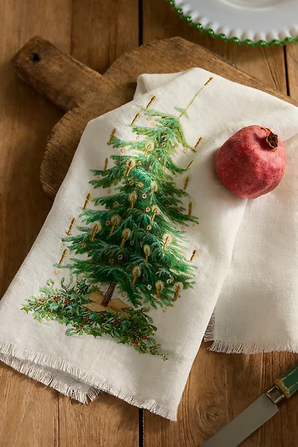 Candlelit Christmas Tree Dish Towel - Linen by Anthropologie