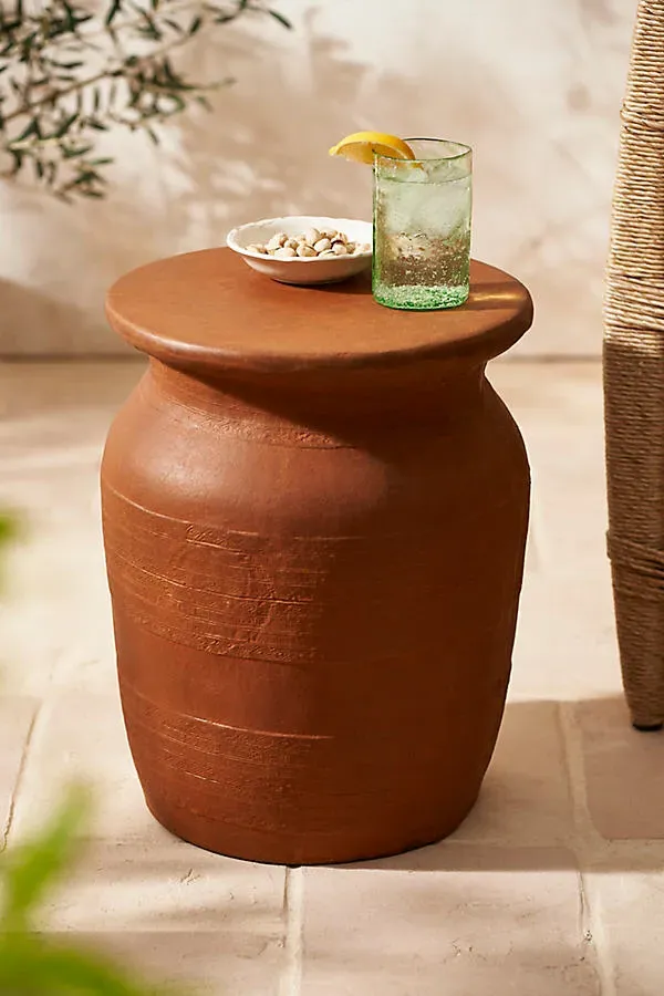 Cast Stone Pedestal Side Table - Terracotta by Anthropologie
