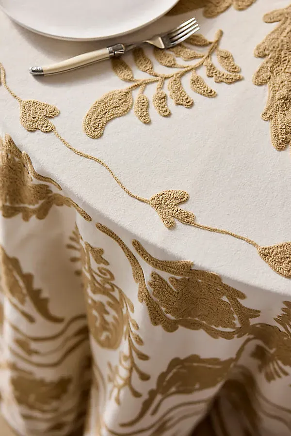 Crewel Stitch Round Cotton Tablecloth - Beige product