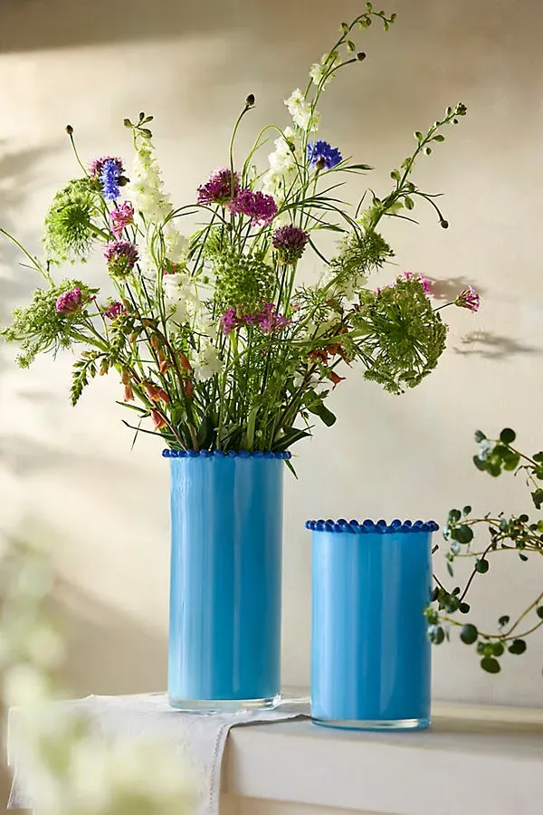 Dotted Rim Small Column Vase - Blue, Glass by Anthropologie