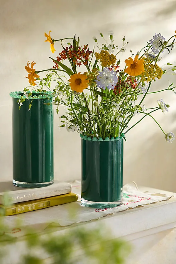 Dotted Rim Small Column Vase - Green, Glass by Anthropologie