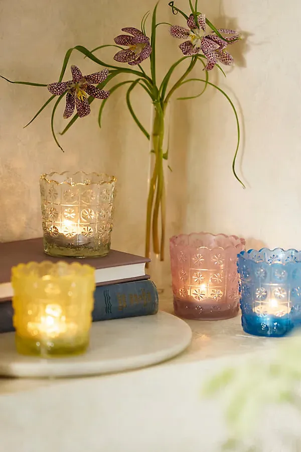 Etched Daisy Glass Votives Set of 2 - Yellow product