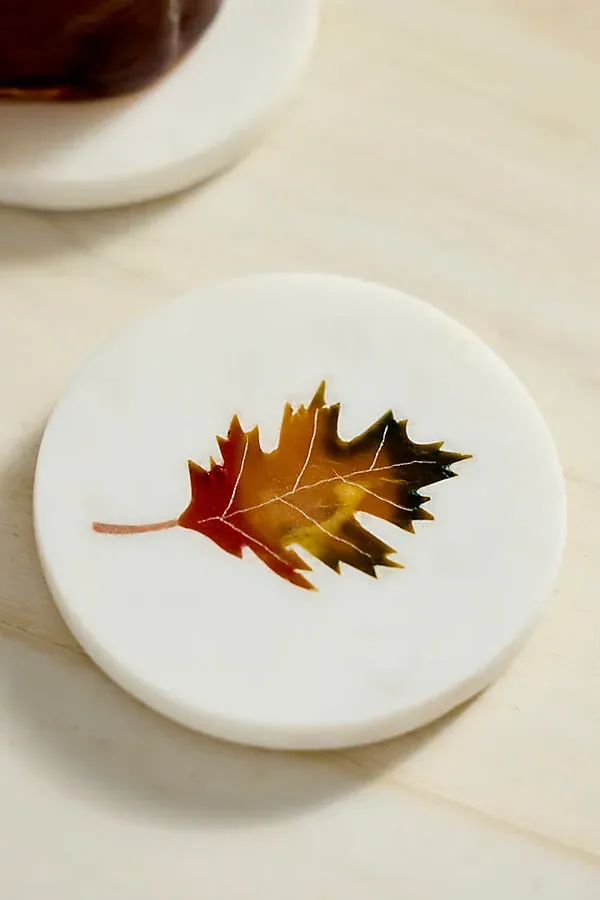 Fall Leaf Marble Coasters Set of 4 - White, Marble by Anthropologie, alternate view