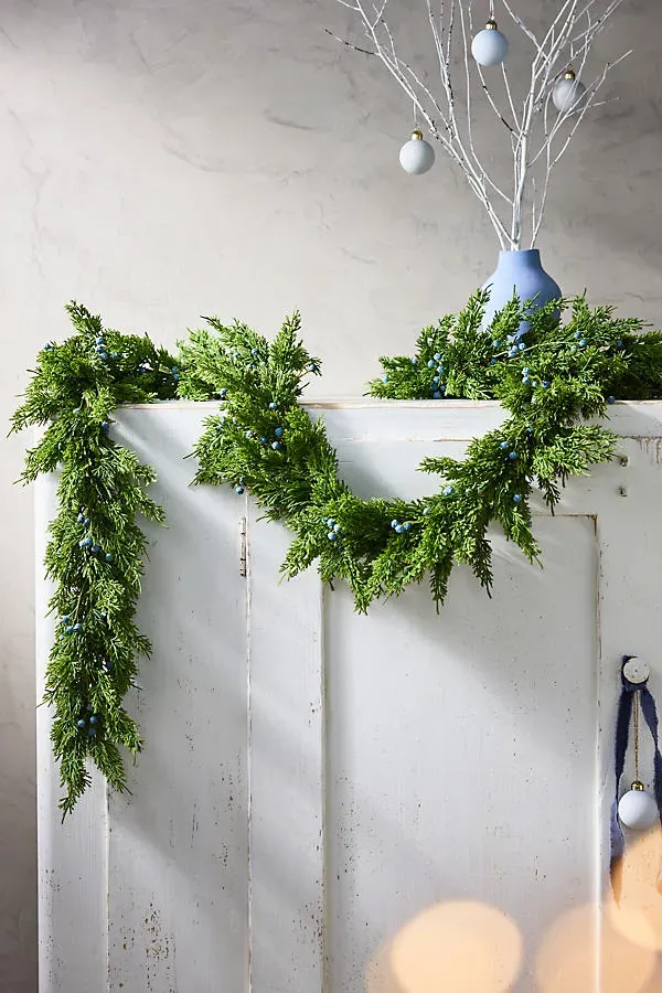 Faux Juniper Berry Garland 9ft - Green, Plastic by Anthropologie