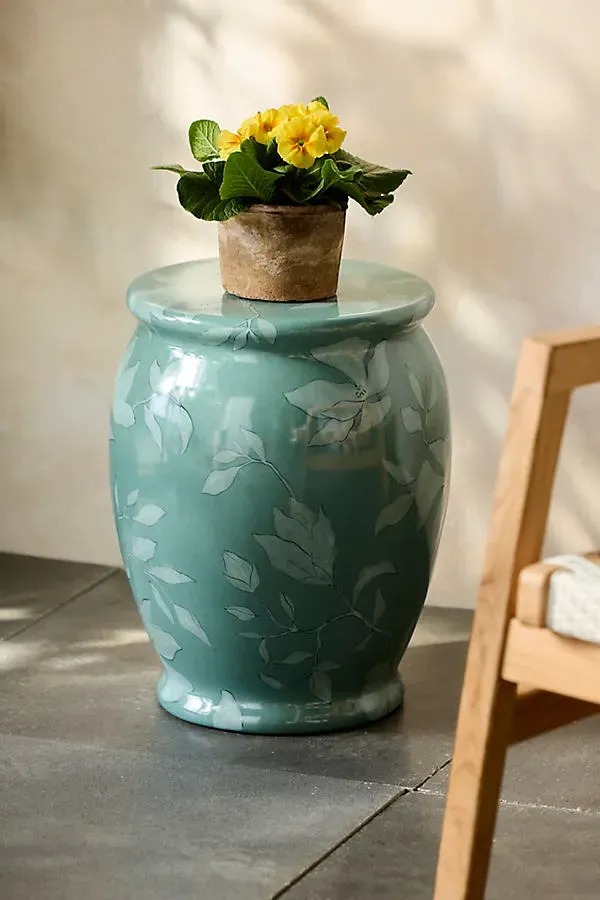 Floral Glazed Earthenware Side Table - Green by Anthropologie