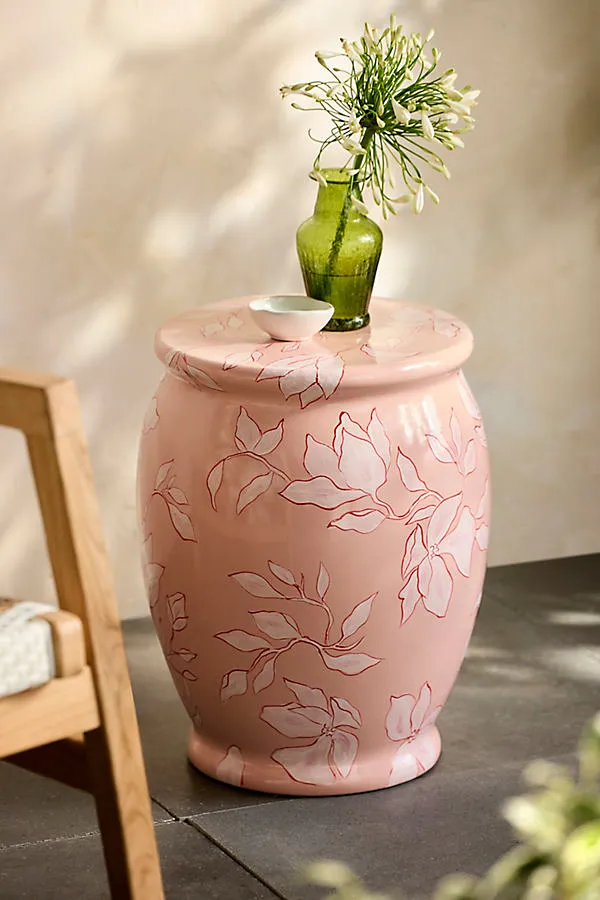 Floral Glazed Earthenware Side Table - Pink by Anthropologie