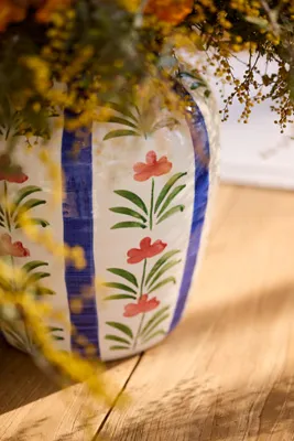 Floral Stripe Small Earthenware Vase - Blue product
