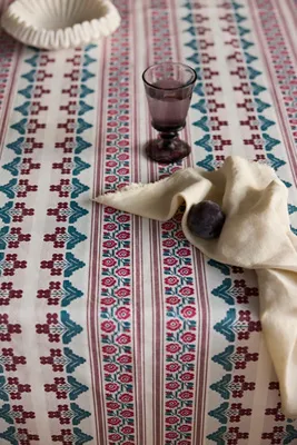 Floral Stripe Woven Cotton Tablecloth by Anthropologie, alternate view