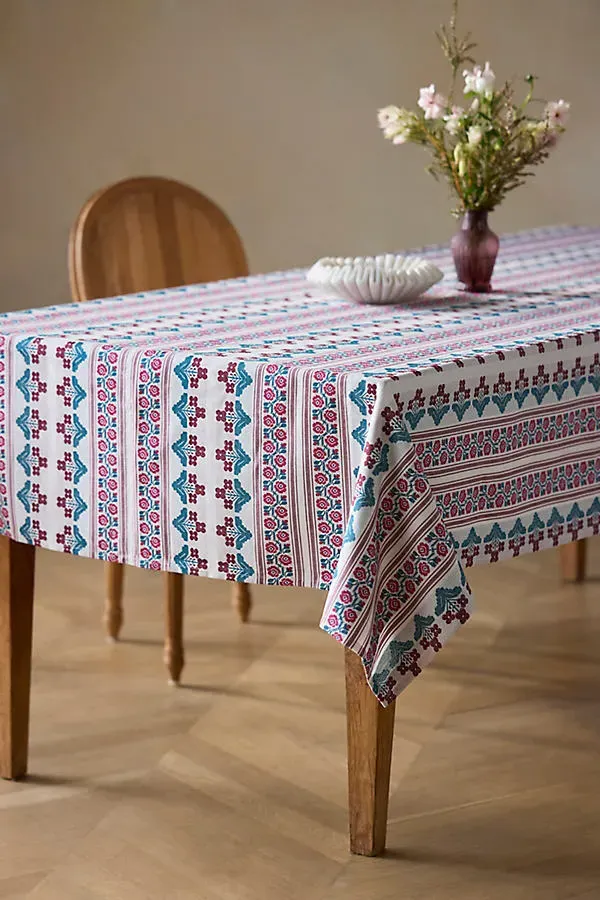 Floral Stripe Woven Cotton Tablecloth by Anthropologie