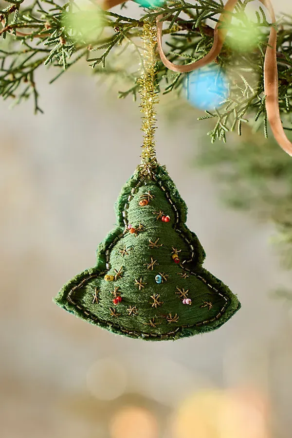 Holiday Icon Beaded Fabric Ornament - Green, Cotton by Anthropologie