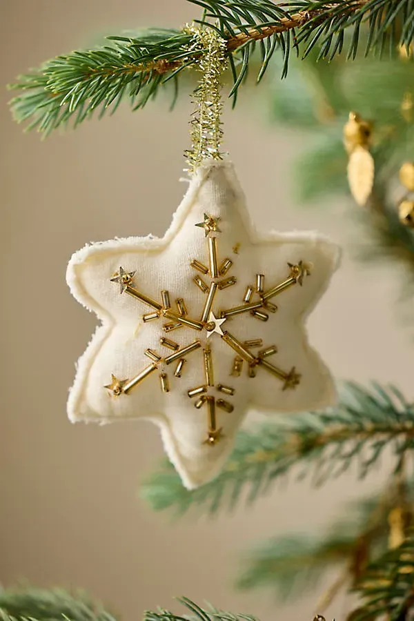 Holiday Icon Beaded Fabric Ornament - White, Cotton by Anthropologie