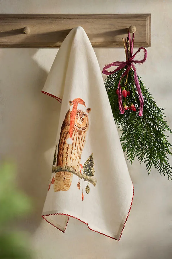 Holiday Owl Dish Towel - Linen by Anthropologie