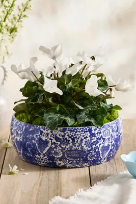 Italian Painted Floral Bowl Planter - Blue, Earthenware product