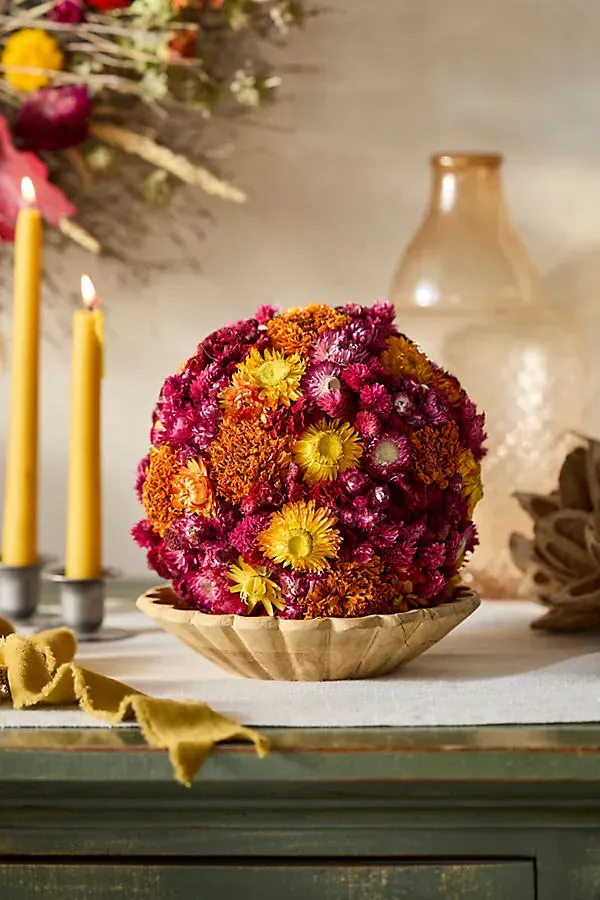 Jewel Tones Dried Floral Sphere with Jute Rope Hanger product