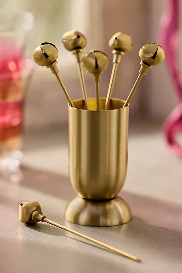 Jingle Bell Cocktail Picks Set of 6 - Gold by Anthropologie