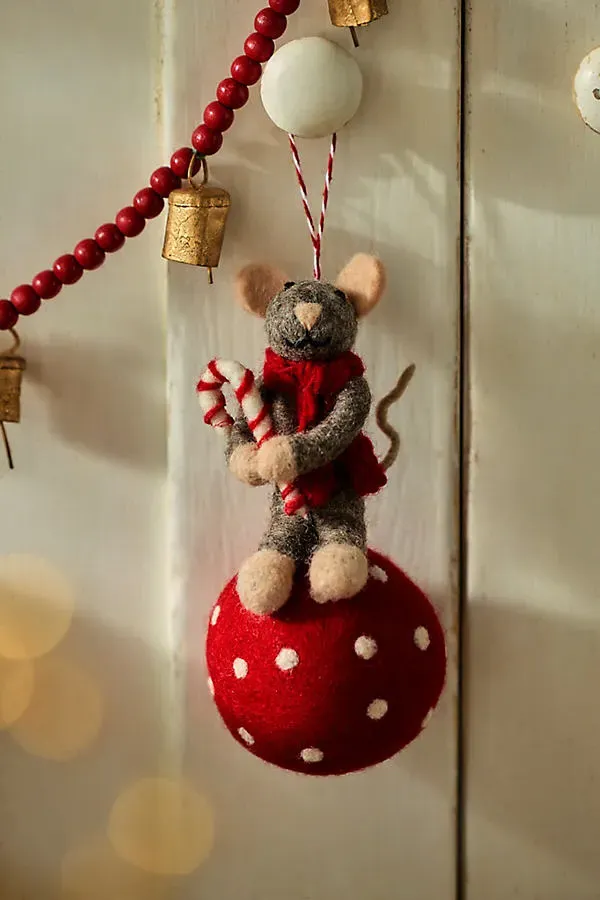 Merry Mouse Felt Critter Ornament - Red, Wool by Anthropologie