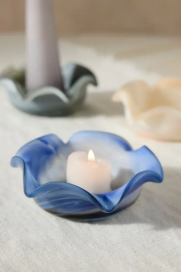 Milky Swirl Glass Votive Holder - Blue by Anthropologie