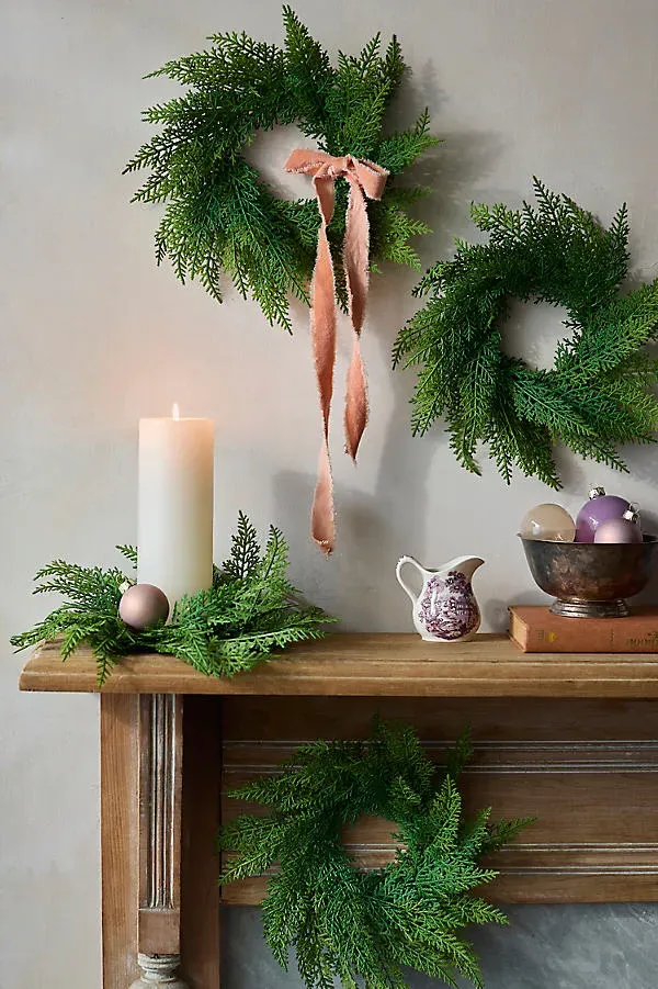 Mini Faux Cedar Wreaths Set of 4 - Green, Plastic by Anthropologie