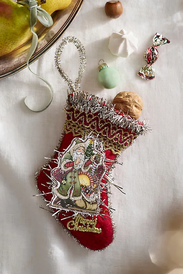 Mini Tinsel Trimmed Santa Stocking - Red, Polyester by Anthropologie