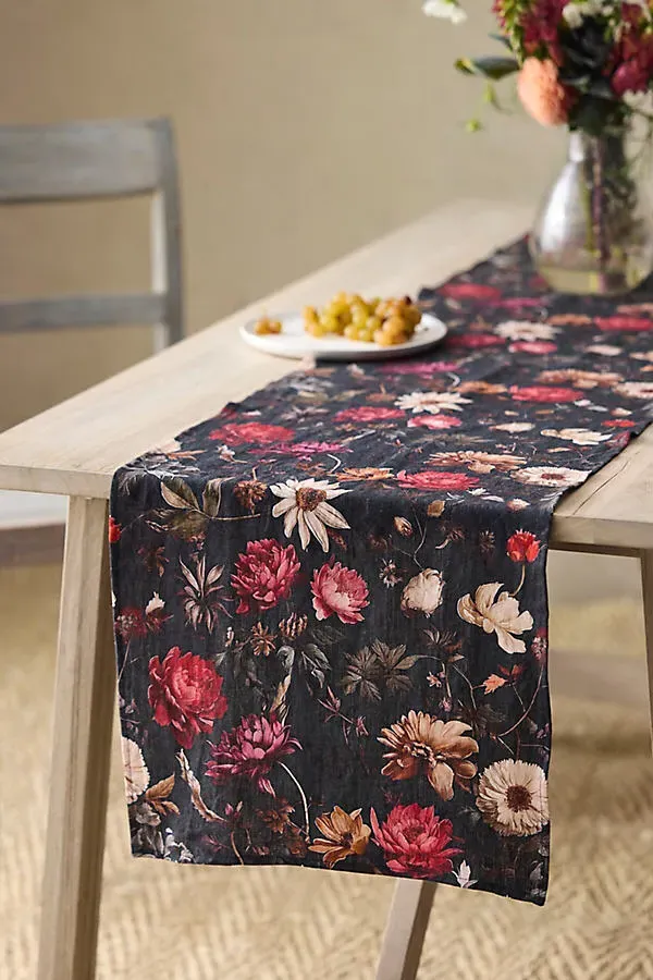 Moody Floral Linen Table Runner by Anthropologie