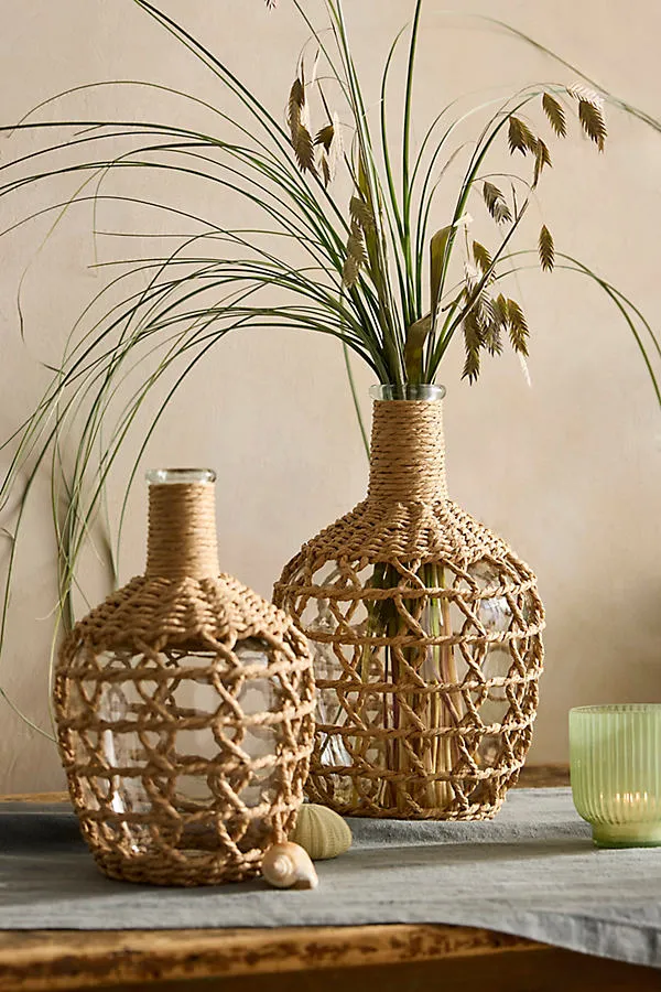 Nautical Woven Rattan & Glass Vase Small - Brown product