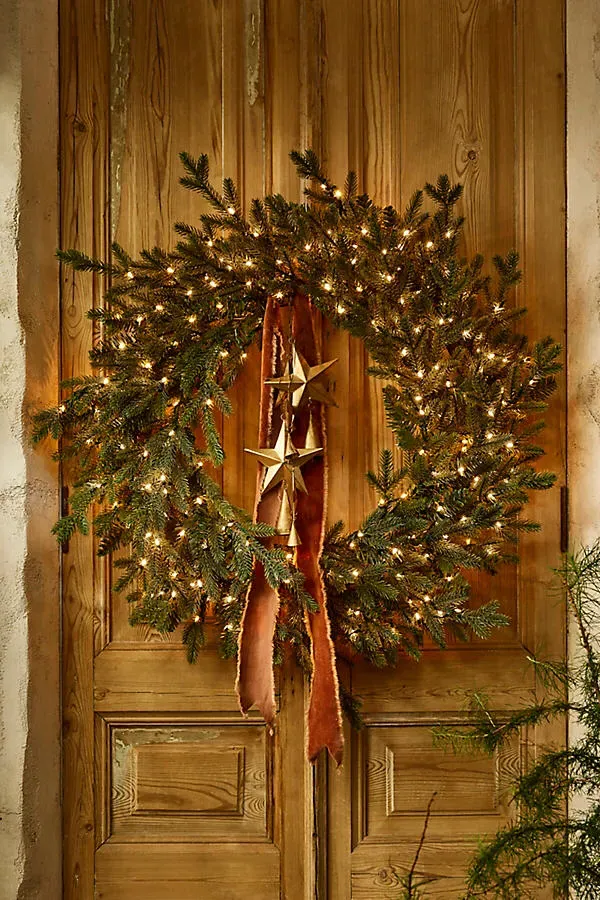 Norway Spruce Faux Pre-Lit Outdoor Wreath - Green by Anthropologie