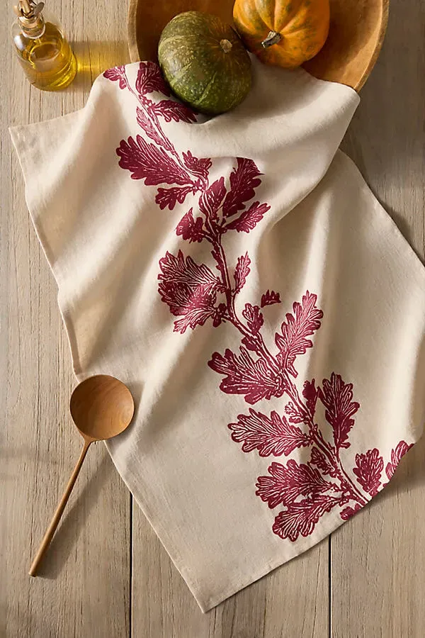 Oak Vine Linen Dish Towel - Red by Anthropologie