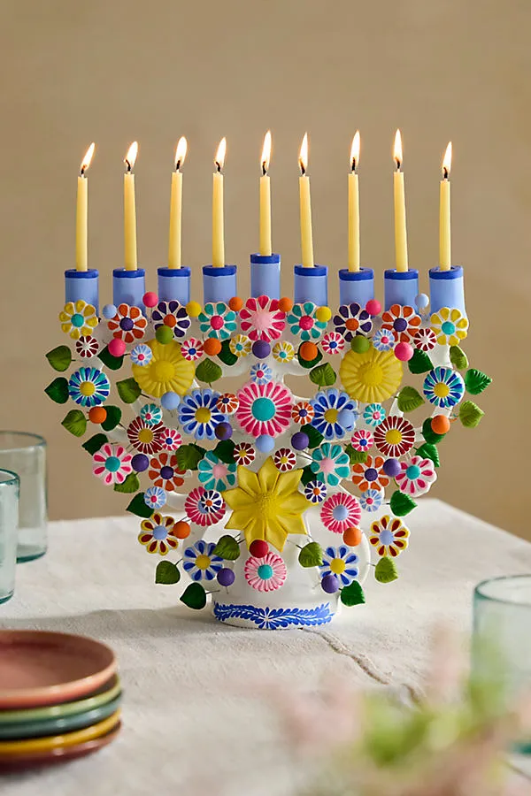 Oaxacan Clay Floral Painted Hanukkah Menorah - Blue by Anthropologie