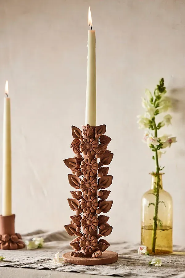 Oaxacan Clay Floral Tall Taper Holder by Anthropologie