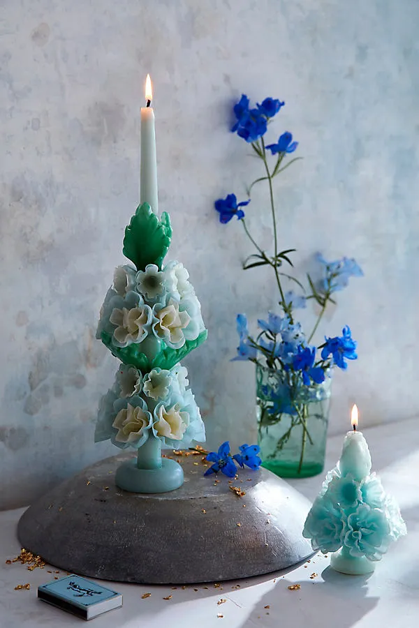 Oaxacan Floral Taper Candle Large - Blue by Anthropologie
