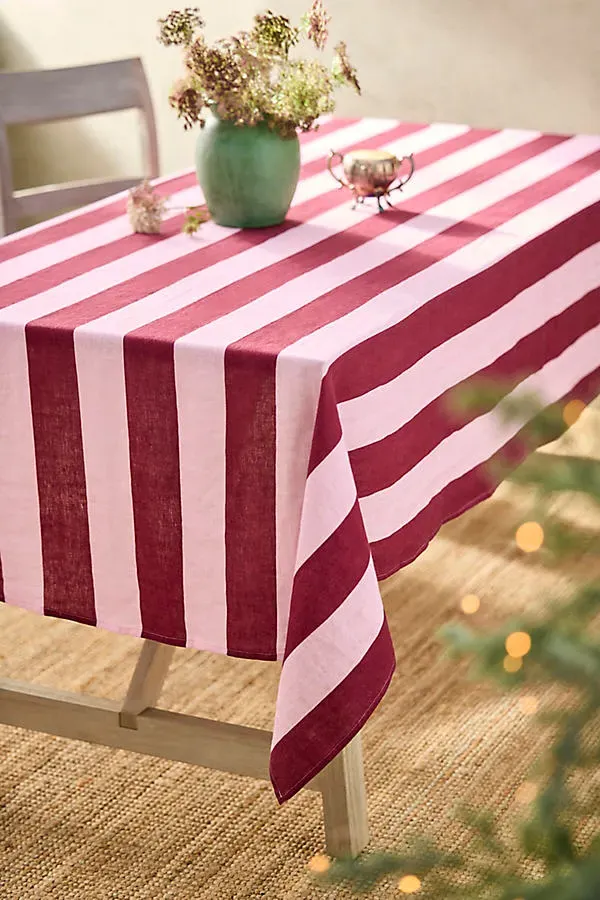 Orchid & Burgundy Stripe Linen Tablecloth by Anthropologie