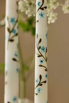 Painted Floral Taper Candles Set of 2 - Blue by Anthropologie, alternate view
