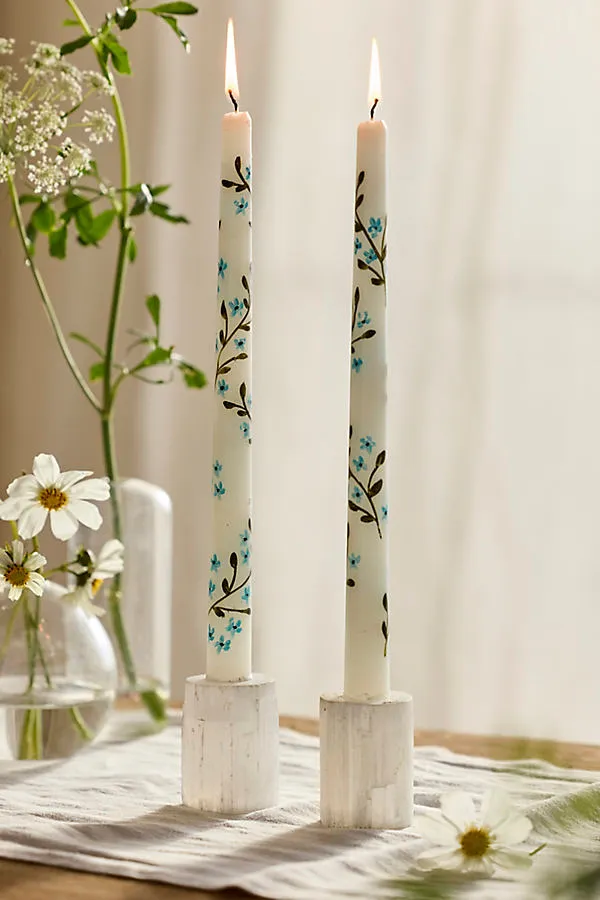 Painted Floral Taper Candles Set of 2 - Blue by Anthropologie