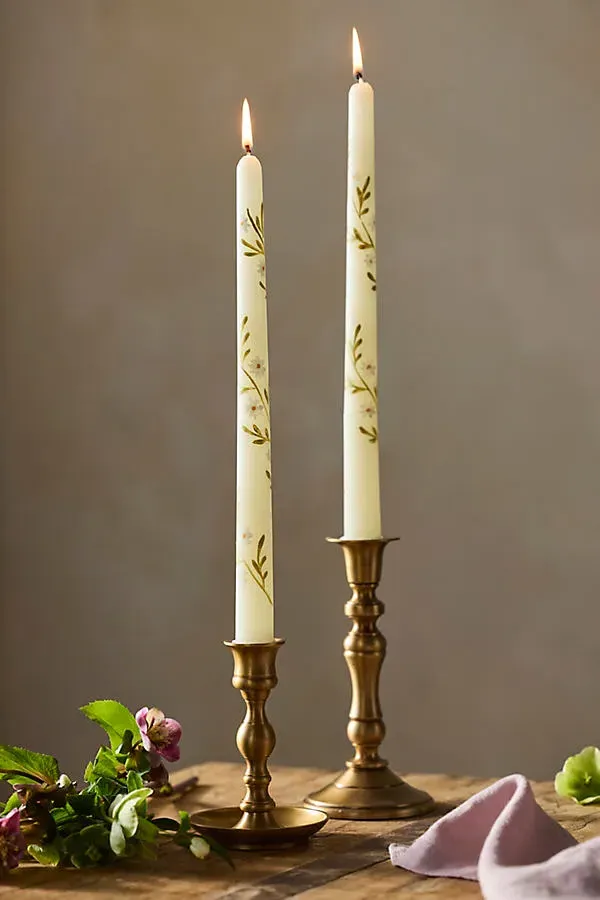 Painted Floral Taper Candles Set of 2 - Green by Anthropologie