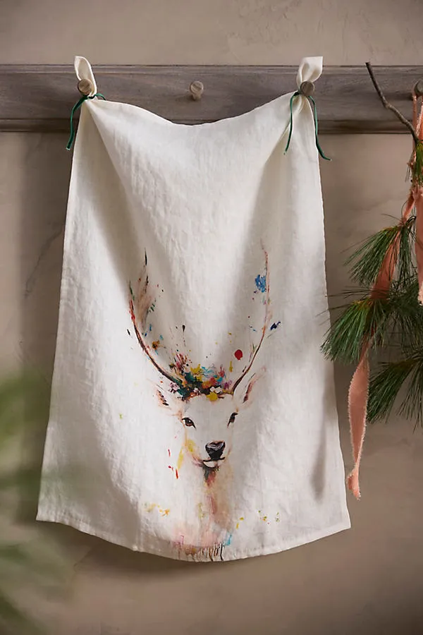 Painterly Deer Linen Dish Towel by Anthropologie