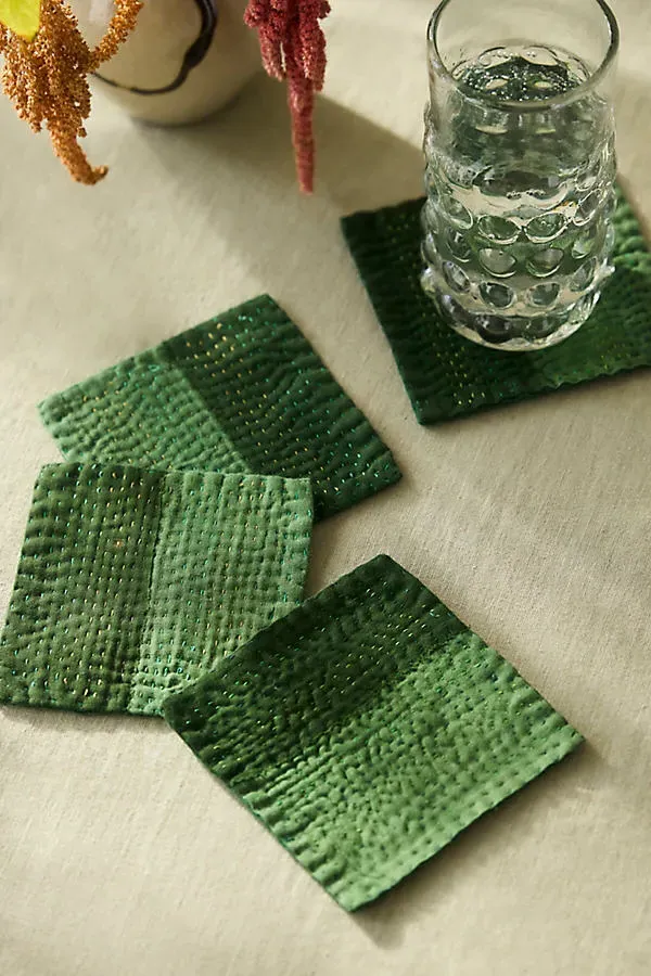 Patchwork Coasters Set of 4 - Green, Cotton & Silk by Anthropologie