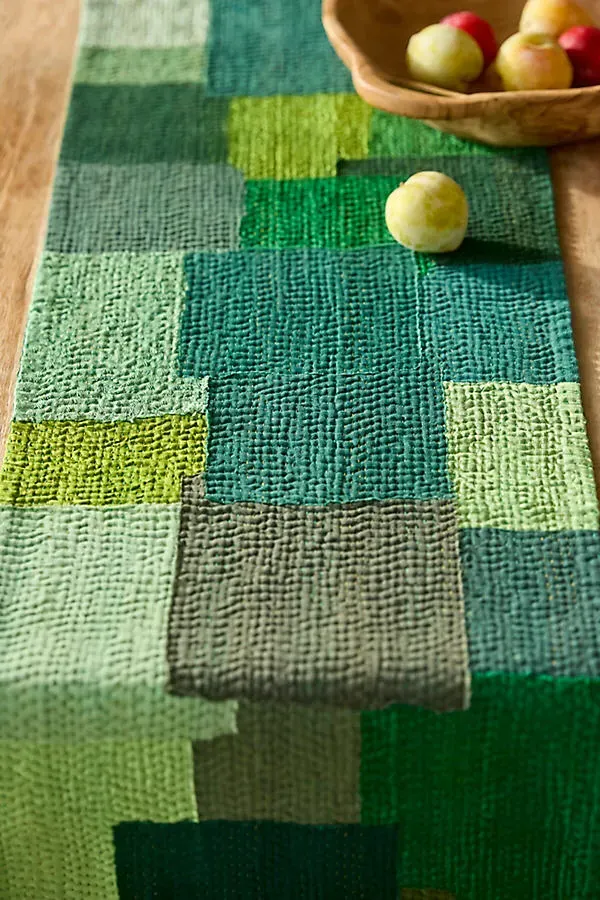 Patchwork Table Runner - Green, Cotton & Silk by Anthropologie