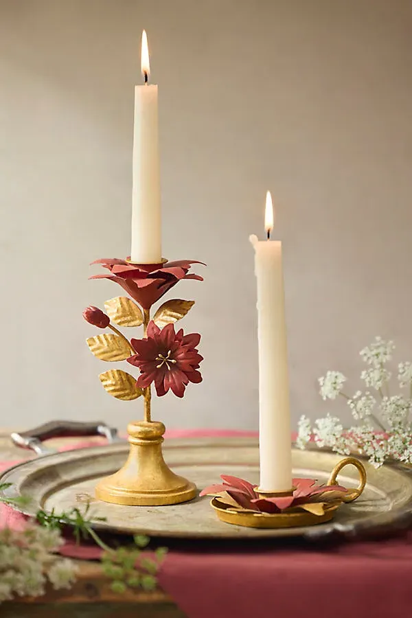 Poinsettia Large Metal Taper Holder - Red by Anthropologie